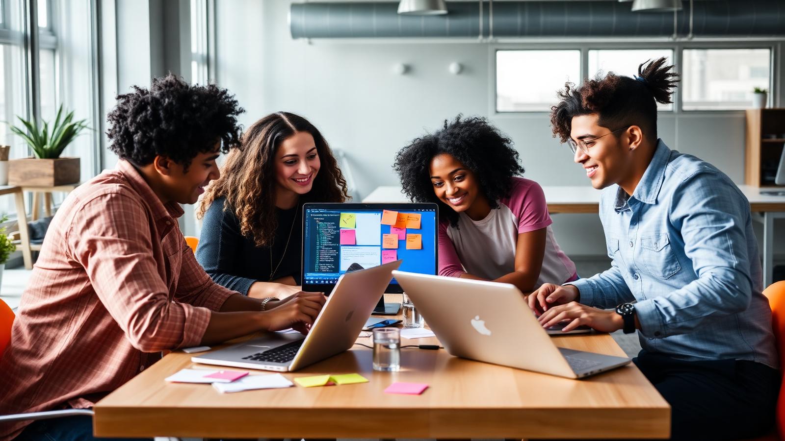 Four diverse professionals collaborating on different career pathways